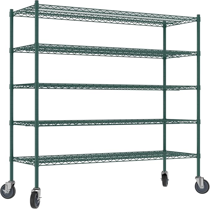 Commercial NSF Listed Green Epoxy Mobile Wire Shelving Kit 21" x 60" x 60", with 5 Shelves Perfect for Warehouse, Walk-in Refrigerator, Freezer, Grocery Store, Restaurant, Dishroom