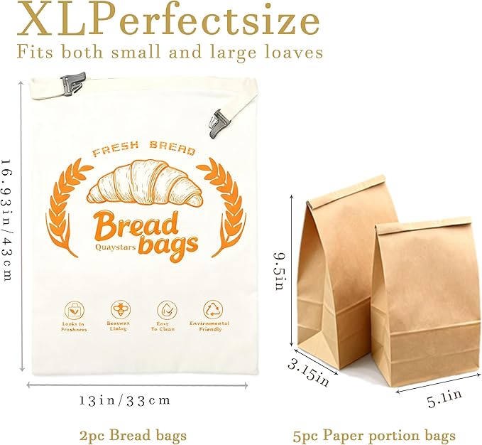 2pc- Beeswax Bread Bags for Homemade Bread & Sourdough – XL Eco-Friendly, Food-Safe Reusable Food Storage Bag to Keep Loaves Fresh Longer – Sustainable, Freezer Sourdough Container, Double Lock