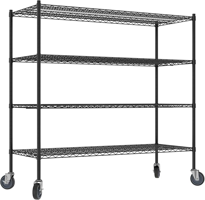 Commercial NSF Listed Black Epoxy Mobile Wire Shelving Kit 24" x 60" x 60", with 4 Shelves Perfect for Warehouse, Walk-in Refrigerator, Freezer, Grocery Store, Restaurant, Dishroom
