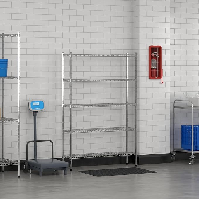 Commercial NSF Listed Chrome Stationary Wire Shelving Kit 12" x 42" x 64", with 5 Shelves Perfect for Warehouse, Walk-in Refrigerator, Freezer, Grocery Store, Restaurant, Dishroom