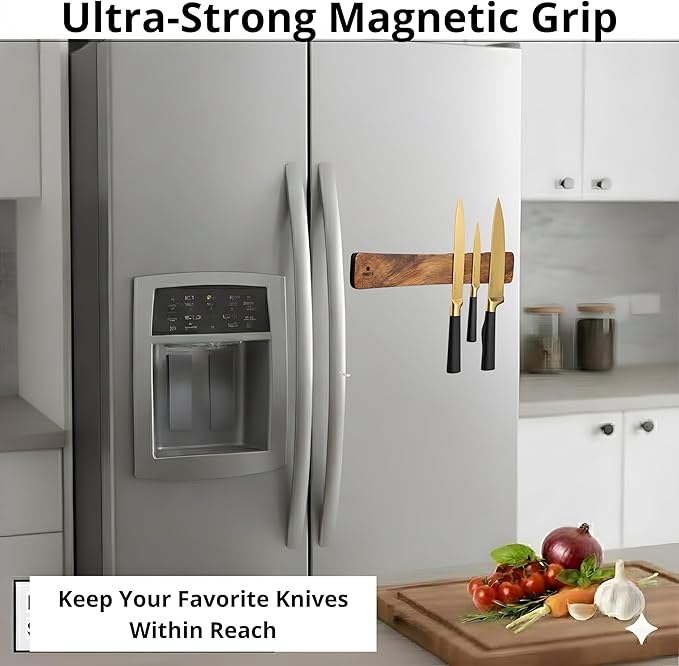 4 YORVOY Magnetic Knife Holder for Wall-16 inches long Kitchen Organizer- No Drilling Knife Magnetic Strip- Compact Utensil Holder- Acacia Wood Knife Rack- Strong Knife Magnet- Easy Installation