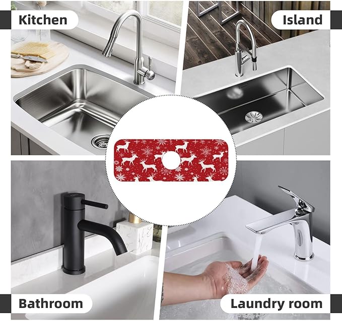 Sink Faucet Mat Deer Snowflakes Kitchen Splash Guard Absorbent Bathroom Sink Mat Around Faucet 15" x 5.5" Drying Mats Stone Draining Mat