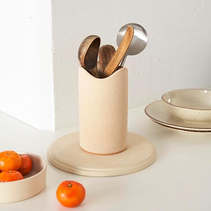 Ceramic Utensil Holder for Kitchen Counter - Spatula Holder - Countertop Crock for Holding Utensils with Cork Bottom