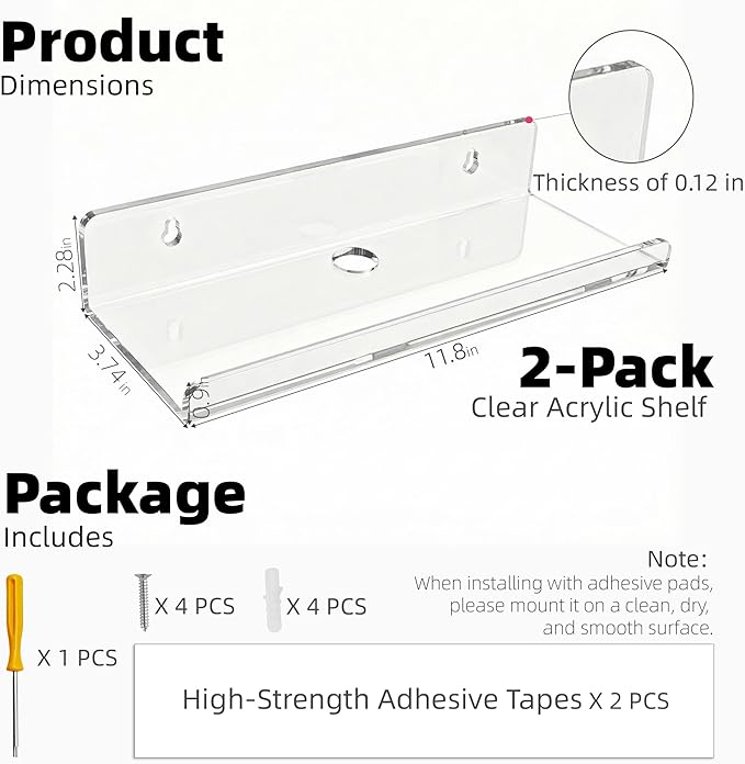 Acrylic Floating Shelves, Adhesive Wall Mount Command Shelves for Bathroom, Kitchen, Dorm - Renter-Friendly Easy Install Wall Shelves for Home Decor and Organization (Fully Clear-2 Pack)