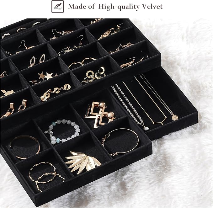 ProCase Stackable Large Jewelry Drawer Organizer, 3 Pack Velvet Jewelry Organizer Tray with Removable Dividers for Earring Necklace Bracelet -Allblack