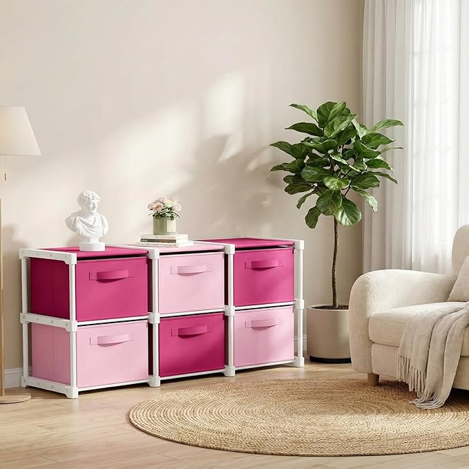 Thyle Large Cube Storage Organizer Shelf with 6 Bins 14 Inch Fabric Collapsible Cubby Storage Drawers Shelving Unit for Christmas Ornaments Clothes Toys Craft(Pink,Rose,Colorful)