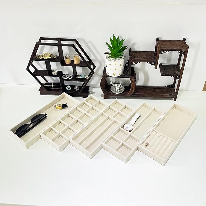 Divided Drawer Organizer Tray, Velvet Jewelry Storage Tray, Necklace Bracelet Ring Earring Display Tray,Bedside Nightstand Desk Holder Tray for Phone Watch Sunglasses Cosmetics Storage/Beige/12grid