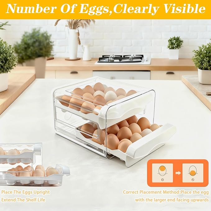 Egg Holder for Refrigerator 2 Tier Clear Stackable Egg Tray with Drawer Space Saving Eggs Storage Container with Handles for Countertop Kitchen Baking (32 Eggs)