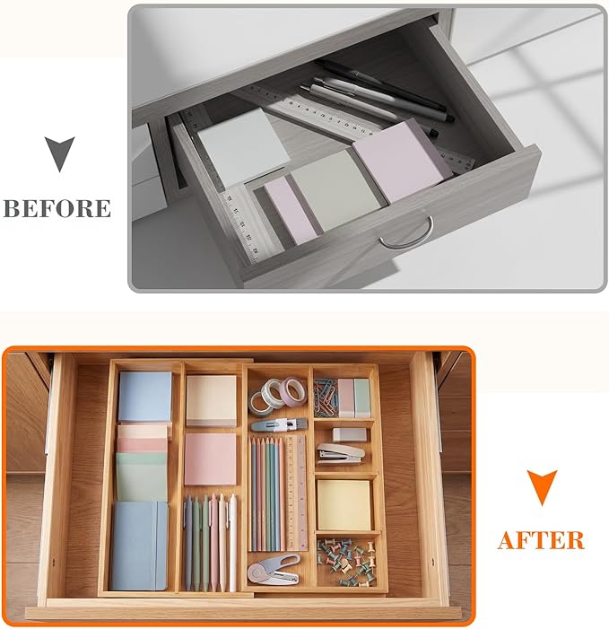 1 Pcs Bamboo Desk Drawer Organizer Wood 2 Inch Height Expandable Drawer Organizer Trays with Adjustable Compartments Desk Accessories for Makeup Silverware Office Bathroom(Stylish)