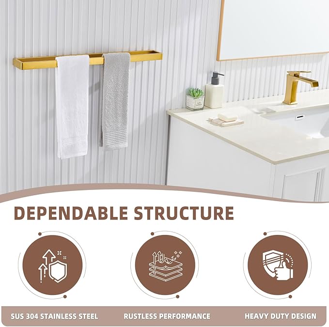 Angle Simple Bathroom Towel Holder, SUS 304 Stainless Steel Towel Bar Rack for Bathroom Kitchen Wall Mount, 22.76", Brushed Gold