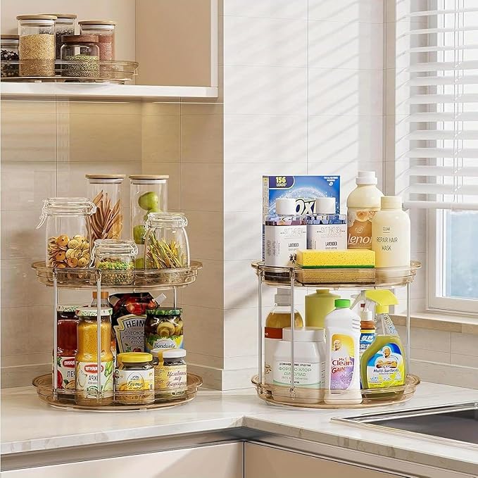 2 Tier Lazy Susan Organizer, 9.25'' Spice Rack for Cabinet, Stackable Turntable Organizer Rotating Makeup Organization for Kitchen Countertop, Pantry, Bathroom, 1PC ﻿