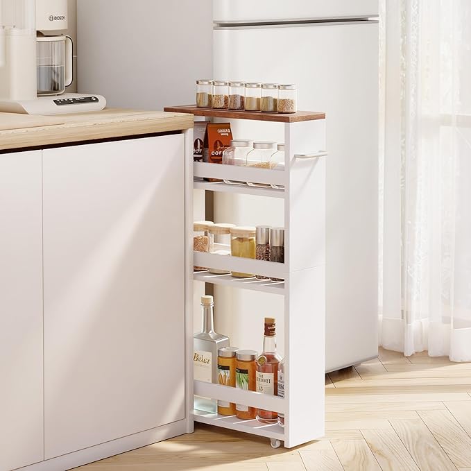 SUPER DEAL 4 Tier White Slim Storage Cart with Wheel & Handle, Slide Out Storage Rolling Utility Cart Mobile Shelving Unit Organizer Trolley for Kitchen Bathroom Laundry Narrow Places, White