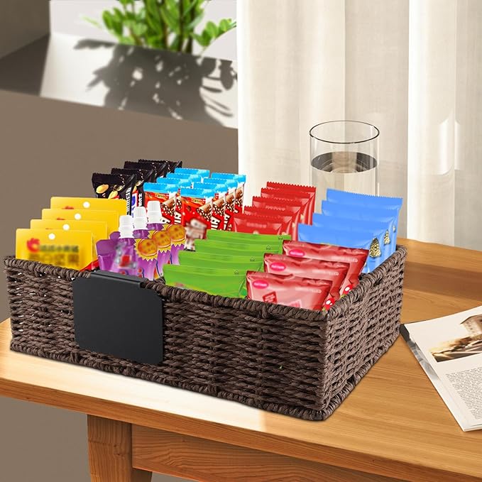 Snack Bar Station Organizer,Pantry Organizers and Storage Bins,Hand-Woven Snack Basket for Countertop with 4 Compartments,Snack Display Box for Candy,Drink Packet,Chips,Spice Organizer