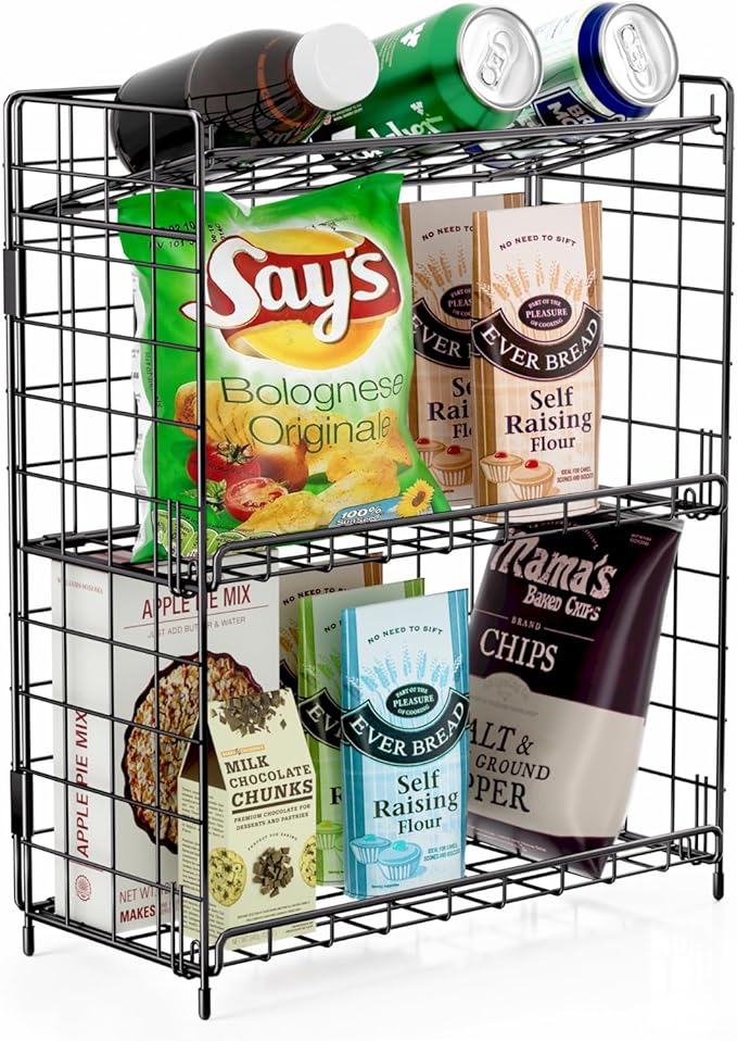 3-Tier Snack Rack for Countertop, Foldable Snack Organizer for Small Snacks, Versatile Metal Wire Snack Storage Basket for Kitchen Supplies, Spice Rack, Fruits Holder, Bathroom Shelf.