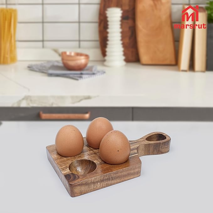 Wood Egg Tray, Wooden Deviled Egg Board Platter Holder, Reversible Display Stackable Organizer, Small Rack Storage Dish Plate for Serving Christmas Charcuterie Fridge Countertop Home Kitchen (4 Holes)