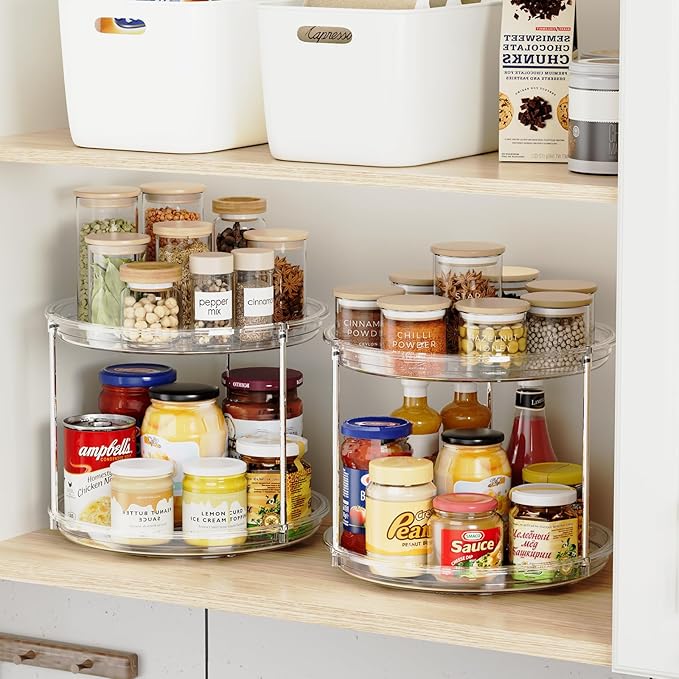 2 Pack 2 Tier Lazy Susan Organizer, 9.25'' Lazy Susan Turntable for Cabinet, Stackable Turntable Organizer Rotating Spice Rack Organization for Kitchen Countertop, Pantry, Bathroom, Clear