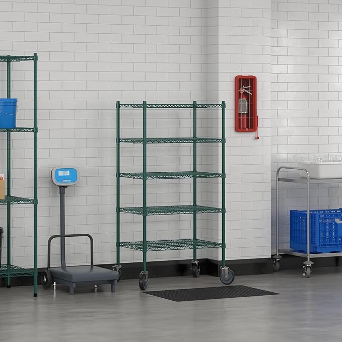 Commercial NSF Listed Green Epoxy Mobile Wire Shelving Kit 21" x 30" x 60", with 5 Shelves Perfect for Warehouse, Walk-in Refrigerator, Freezer, Grocery Store, Restaurant, Dishroom