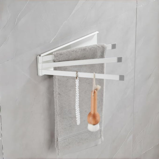 Small Swivel Foldable Towel Rack, Elfthloo 24cm(9.45 in) Rotating 3-Arm Towel Bar Rod, Space Saving Wall Mounted Holder, Stainless Steel Swing Out Hanger for Bathroom, Kitchen (1 Pack, White)
