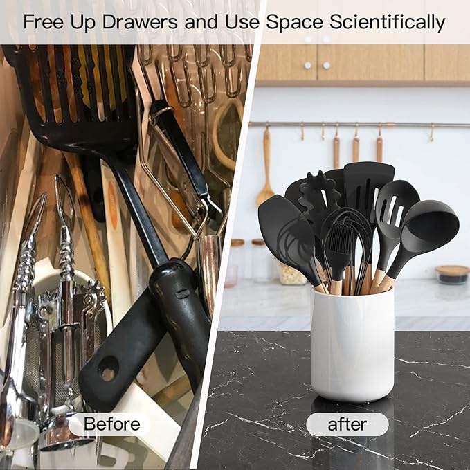 demany White Kitchen Utensil Holder for Countertop Easy to Clean, Stable Matte Ceramic Cooking Utensil Crock for Counter, Spatula Holder for Farmhouse Décor 4.6×6.5 INCH