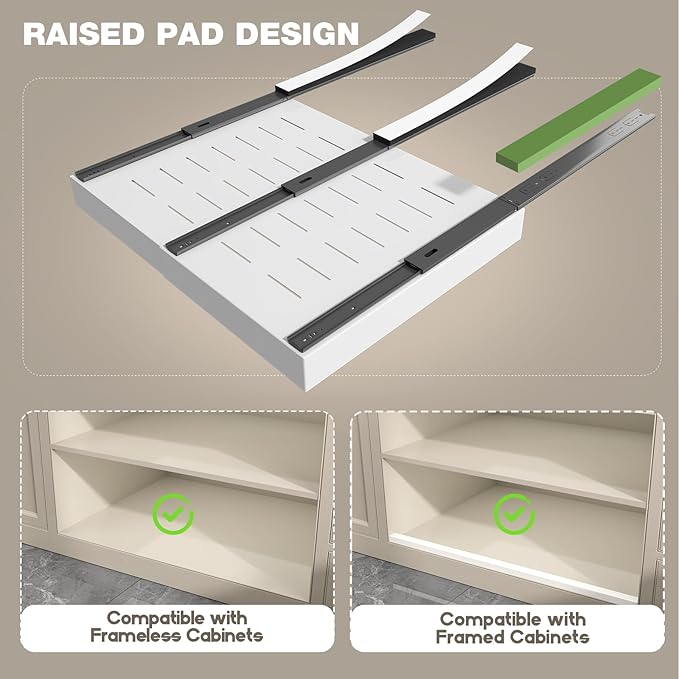 4 Pack Pull Out Cabinet Organizer 21" Deep,Full Extension 3 Slide Rails Slide Out Drawers With Raising Pad for Framed Cabinets,Expandable Width (15.4"-26.2"),No Drill Roll Out Shelves,White