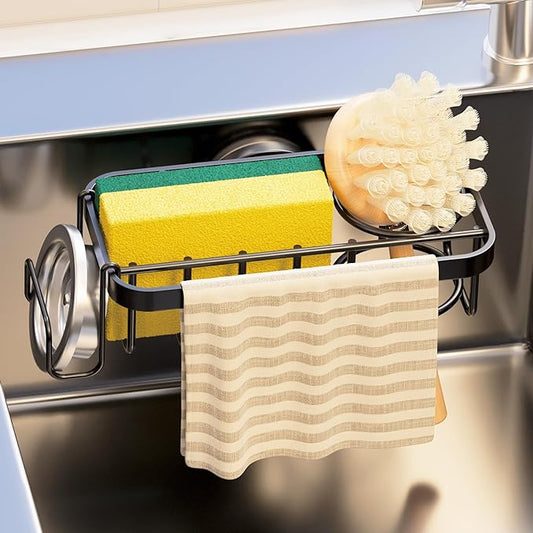 TAILI 4-in-1 Sponge Holder for Kitchen Sink with Strong Suction Cup Removable, Rustproof Aluminum Sink Caddy for Sponge, Brush, Scrubber, Scraper -Black