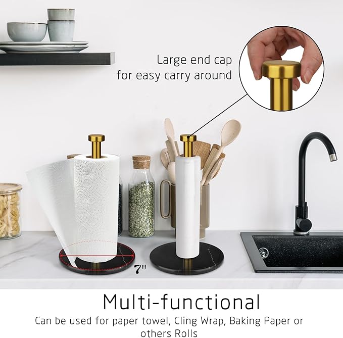 Paper Towel Holder Countertop with 7" Weighted Black Marble Base - Modern Free Standing Paper Roll Holder, Brushed Gold Stainless Steel Stand Paper Towel Holder for Kitchen and Bathroom