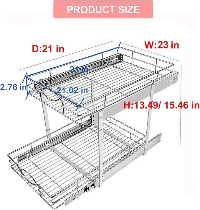 Pull Out Cabinet Organizer 23" W x 21" D 2-Tier Individual Slide Out Drawer Pantry Shelf Storage for Kitchen Base Cabinet Organization for Kitchen, Bathroom, Pantry, Chrome