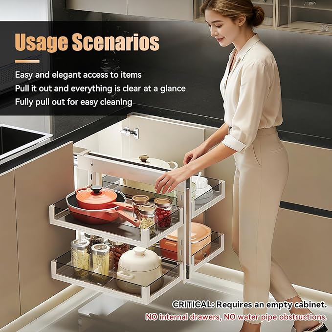 Blind Corner Cabinet Pull Out 13", 14.1", 15.3", 16.9", 2 Tier Kitchen Cabinet Organizer, Left & Right Open Compatible, Blind Corner Kitchen Cabinets