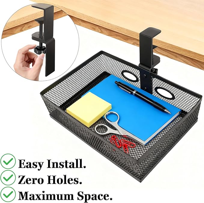 Under Desk Organizer with 360° Swivel, Clamp-On No Drill Installation, Sturdy Mesh Storage Drawer for Home Office, Pencils, Art Supplies and More (Black)