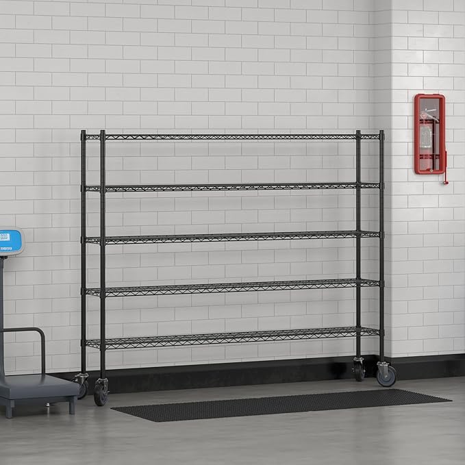 Commercial NSF Listed Black Epoxy Mobile Wire Shelving Kit 12" x 72" x 60", with 5 Shelves Perfect for Warehouse, Walk-in Refrigerator, Freezer, Grocery Store, Restaurant, Dishroom