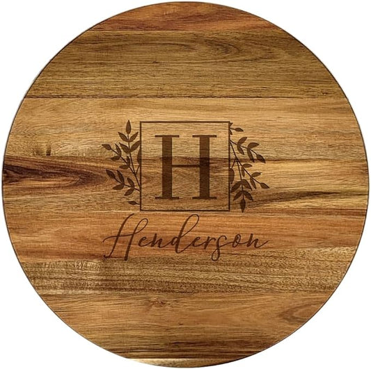 Engraved Name and Initial Personalized Lazy Susan, 16" Rotating Tray Brown