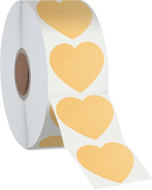 500 Heart Shaped Kraft Stickers, Natural Brown Round Blank Labels with Permanent Adhesive Color Code Kraft Stickers with Perforation Line for Crafts, Organizing, Personal and Business Use (Each 1.5")