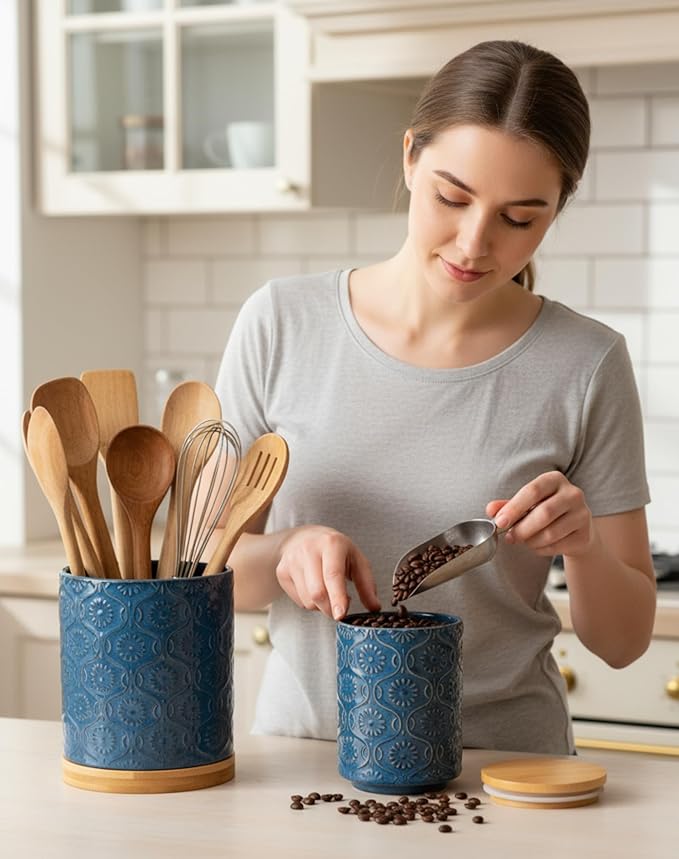 TEATALK Utensil Holder Set of 2, 7.7"+5.7" Ceramic Kitchen Utensil Holder for Countertop, Farmhouse Vintage Utensil Crock, 360° Rotating Large Utensil Organizer, Dark Blue