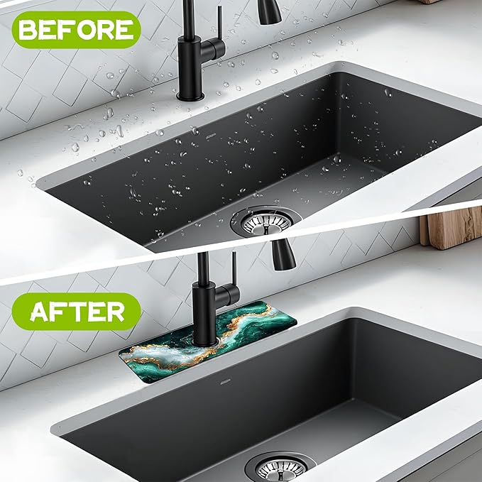 Emerald and Gold Marble Texture Kitchen Sink Splash Guard Faucet Mat Super Absorbent Fast Drying Mat Guard Behind Faucet Drip Catcher for Kitchen Bathroom, 15.5"X5.5"