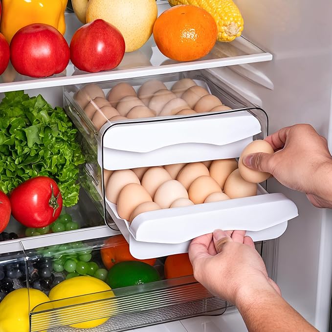 Egg Holder for Fridge,32 Grid/2 Layer Egg Holder,Egg Container for Refrigerator,With Drawer,Multi-function Egg Organizer for Refrigerator, Suitable for Kitchen, Refrigerator, Countertop.