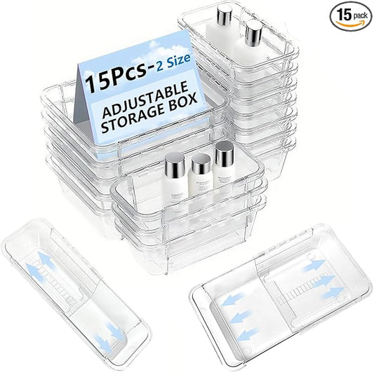 15 Pcs Extendable Clear Drawer Organizer Set,Adjustable Vanity Storage Box, 2-Size Desk Drawer Divider Organizer Trays, Storage Bin for Makeup, Cosmetic,Gadgets for Bathroom Bedroom Kitchen Office