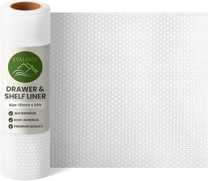 EVALAND Shelf Liners for Kitchen Cabinets Non-Adhesive 12" x 20 FT Clear Drawer Liner Non Slip, Washable Cabinet Liner, Waterproof Shelf Liners for Cabinets, Refrigerator Bathroom Pantry Cabinet Mat