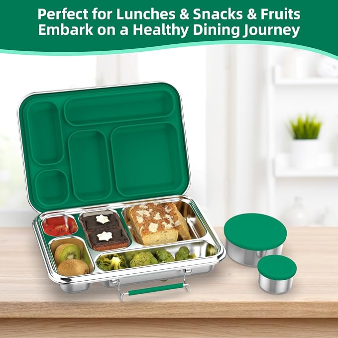 Stainless Steel Bento Box for Adults, 5-Compartments Leak-Resistant Stainless Steel Lunch Container with 2 Container, Dishwasher-Safe,Design for Office Picnics and Travel,BPA-Free Green