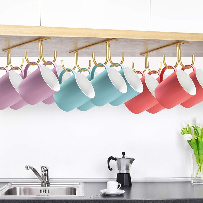MOCOUM Under Cabinet Mug Rack, Rustic Mug Organizer Rack Cup Holder Under Shelf 12 Hanging Hooks Rack for Mugs, Coffee Cups and Kitchen Utensils Display (Glod-3 Pack-12 Hooks)
