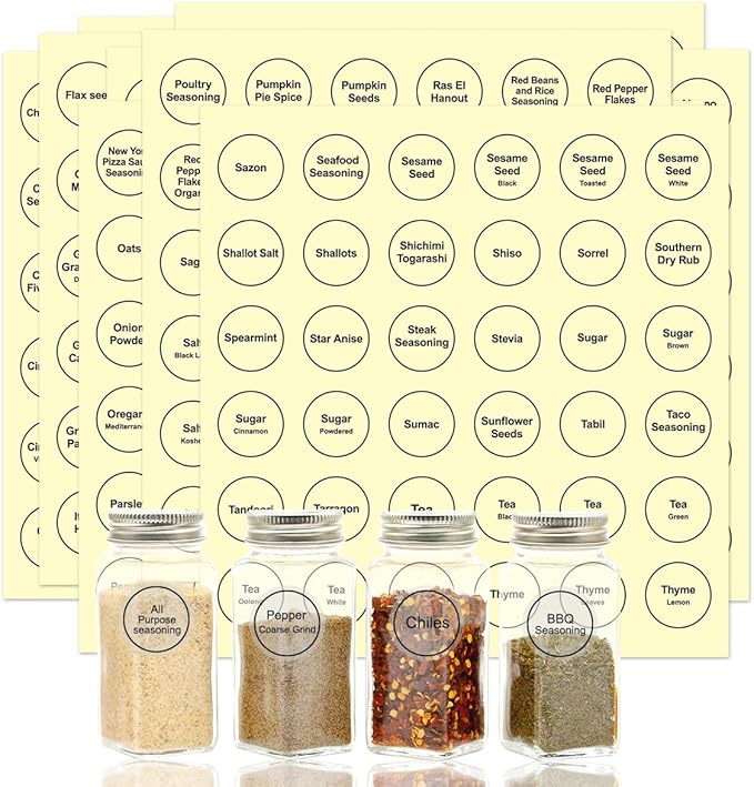 Spice Labels, 432Pcs Spice Labels Stickers 1.4in Waterproof Adhesive Round Preprinted Spice with Blank Label Black Tear Resistant Sticker for Kitchen Jars Caps Food Containers Organizers (T Black)