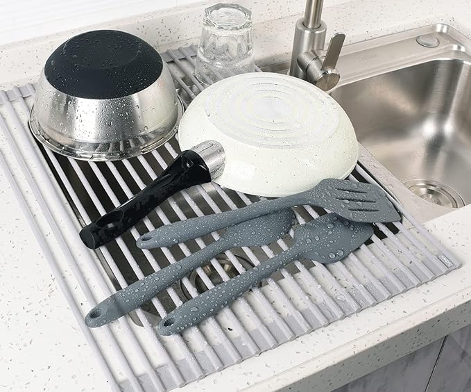 Surpahs Roll-Up Dish Drying Rack, Warm Gray, 20.5" x 15.5", Wide Platform, Fits Sinks up to 19.5", Silicone-Coated Stainless Steel