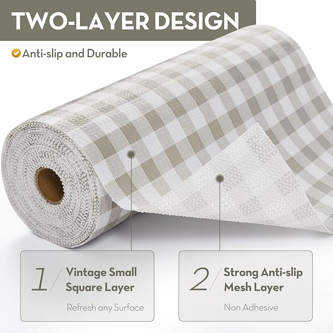 Aohoofull Drawer Shelf Liner, Non-Slip Kitchen Cabinet Liners Non-Adhesive Thick Strong Grip Waterproof Mats Protect Dresser Shelves Cupboard Bathroom Cabinets, Green Plaid, 17.5 in X 20 FT