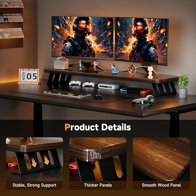 Dual Monitor Stand Riser, 39 Inch Large Wood Monitor Stands for 2 Monitors, Desk Monitor Riser for Computer/Laptop/Printer/TV, Stand Riser up to 220 lbs