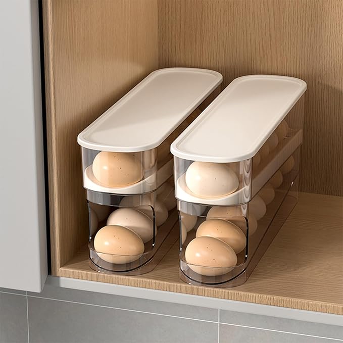 Auto Rolling Fridge Egg Organizer, Space Saving Eggs Dispenser for Refrigerator Storager with Lid,Egg Holder for Fridge 2 Pack