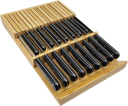 Bamboo In-Drawer Knife Block, 17 Slot Large Capacity Knives Organizer, Upper and Lower Kitchen Steak Knife Storage Rack - Holds 8 Short + 9 Long Knives