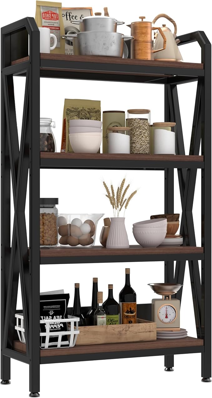 56.30'' Bakers Rack 4-Level Storage Shelves Metal and Wooden Kitchen Shelves, Kitchen Organizers and Storage, for Garage, Pantry, Bathroom, Closet (4-Tier 56.3" H x 33.5" W x 15.8" D)