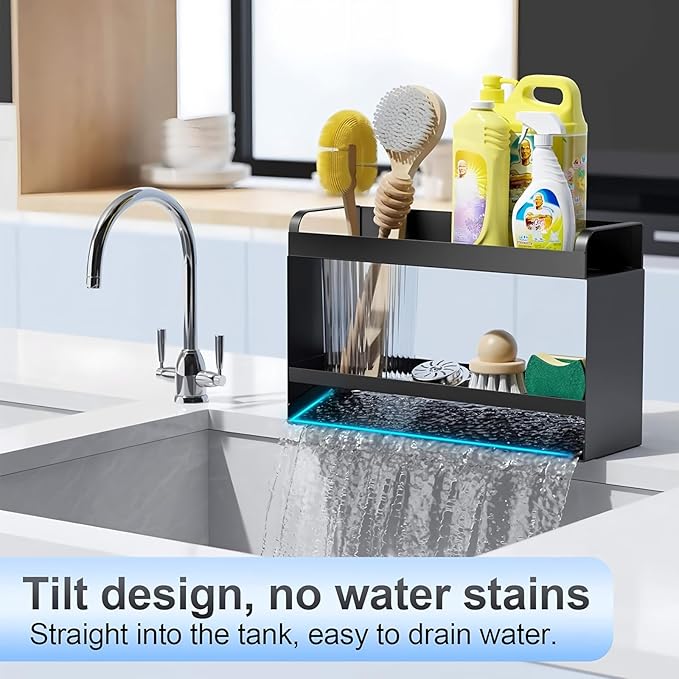 BREIS Sponge Holder for Kitchen Sink, Caddy Organizer with Rag Holder, Countertop Self-Draining Sponge Caddy, Rustproof Sink Storage Rack for Soap Dispenser Storage Accessories (2-Tier Gray)