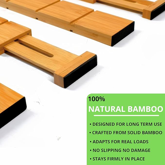 13.7-18.7" Expandable Bamboo Drawer Dividers with Inserts 4-Pack Spring-Loaded with Non-Slip EVA Pads, Adjustable Separator Set for Kitchen Utensils,Bedroom, Office,Bathroom