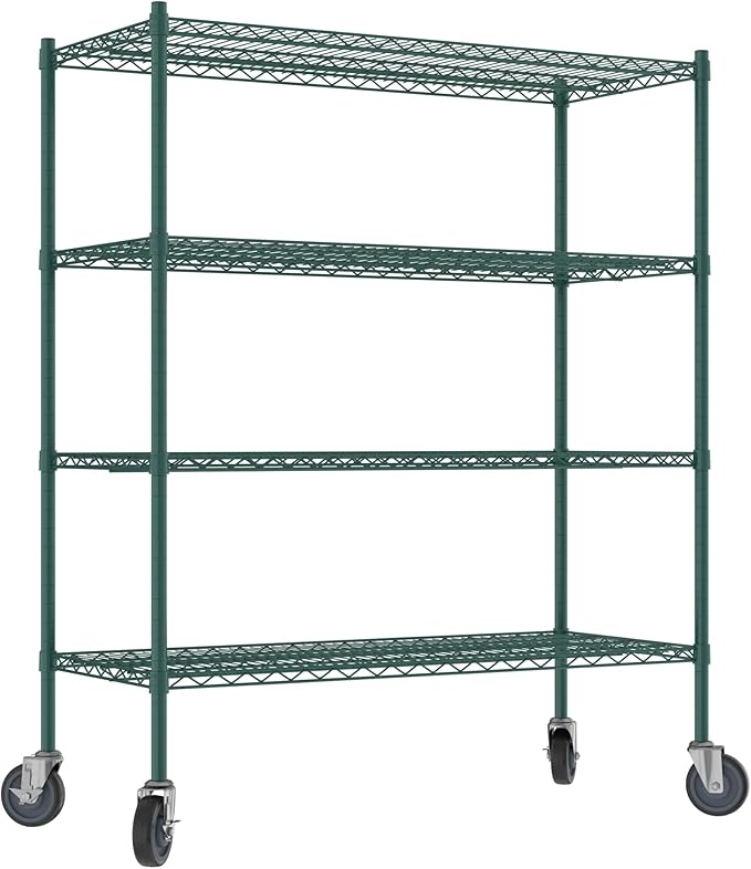 Commercial NSF Listed Green Epoxy Mobile Wire Shelving Kit 21" x 48" x 60", with 4 Shelves Perfect for Warehouse, Walk-in Refrigerator, Freezer, Grocery Store, Restaurant, Dishroom
