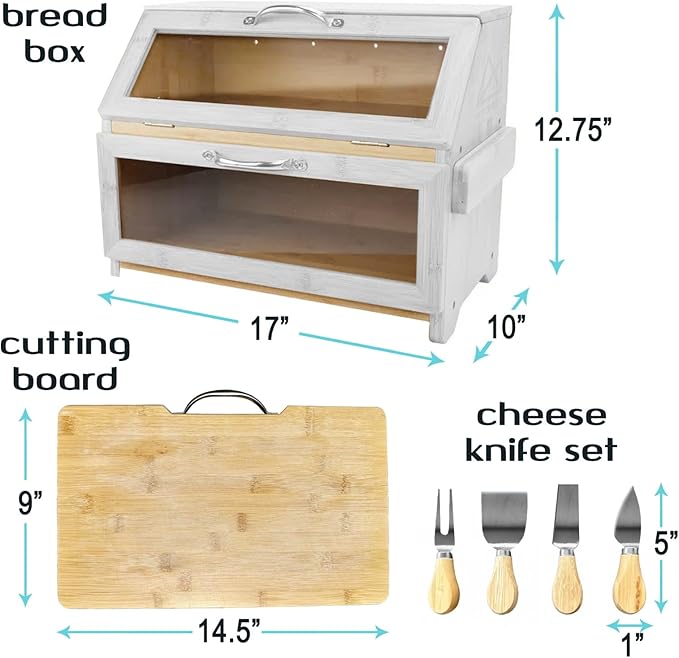 Extra Large White Bread Box with Cutting Board & Knife Set | 7 Piece Set | Bread Boxes for Kitchen Countertop | Bread Storage Container | Bamboo Breadbox | Assembly Required